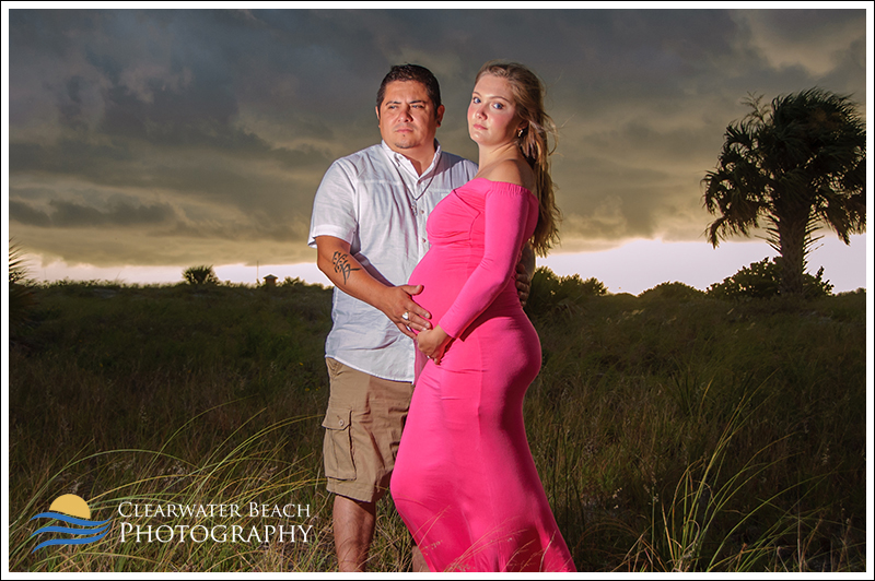 Maternity Photographer in Clearwater Beach Couple with Dramatic Sky