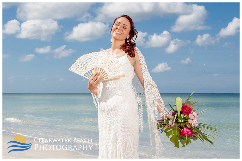 Clearwater Beach Wedding Portrait of Bride with Fan